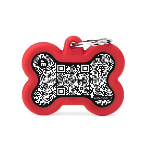 Medaglietta identificativa con Hushtag Plus QR Code Osso My Family - Rosso - SPEDIZIONE GRATIS 1° ORDINE + scegli lo sconto BZR5 / BZR20