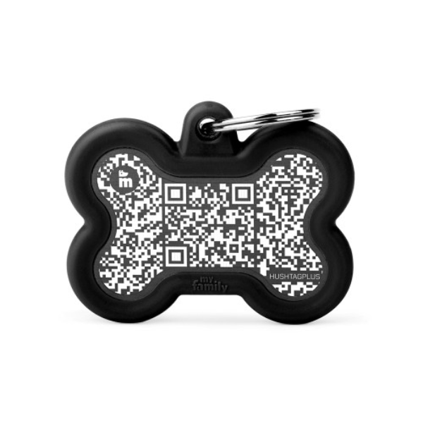 Medaglietta identificativa con Hushtag Plus QR Code Osso My Family - Nero - SPEDIZIONE GRATIS 1° ORDINE + scegli lo sconto BZR5 / BZR20