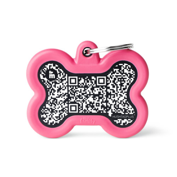 Medaglietta identificativa con Hushtag Plus QR Code Osso My Family - Rosa - SPEDIZIONE GRATIS 1° ORDINE + scegli lo sconto BZR5 / BZR20