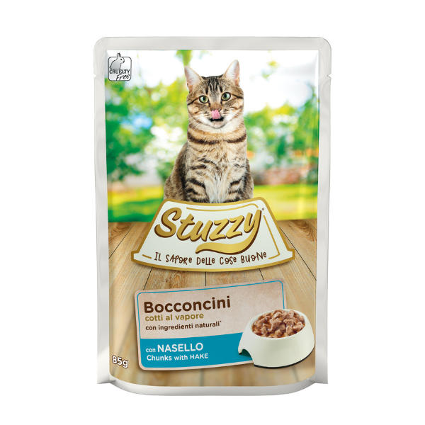 Stuzzy Cat Bocconcini cotti al vapore 85 gr - Nasello Confezione da 24 pezzi - Cibo umido per gatti - SPEDIZIONE GRATIS 1° ORDINE + scegli lo sconto BZR5 / BZR20