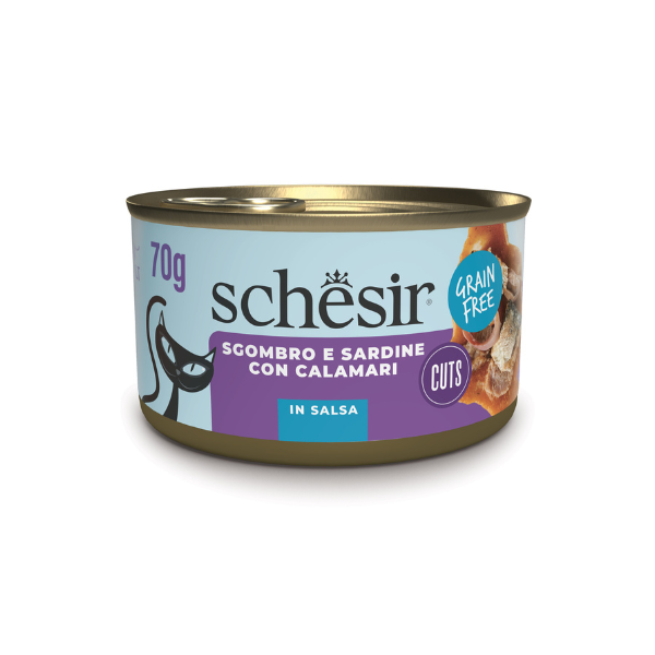 Schesir Sardine Filetti in salsa Cat Adult Grain Free 70 gr - Sgombro e sardine con calamari