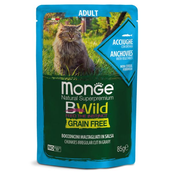 Monge BWild Grain Free Adult Cat 85 gr - Acciughe e ortaggi Confezione da 14 pezzi