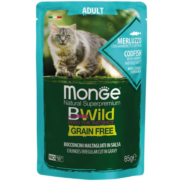 Monge BWild Grain Free Adult Cat 85 gr - Merluzzo con gamberetti e ortaggi Confezione da 14 pezzi