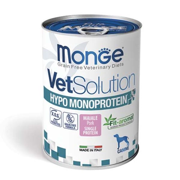 Image of Monge VetSolution Dog Hypo Monoprotein 400 gr - Maiale Confezione da 6 pezzi Monoproteico crocchette cani Cibo Umido per Cani