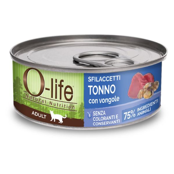 Image of O-life Cat Adult Sfilaccetti 70 gr - Tonno e vongole - Confezione da 6 pezzi - Cibo monoproteico gatto - SPEDIZIONE GRATIS 1° ORDINE + scegli lo sconto BZR5 / BZR20010