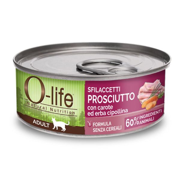 O-life Cat Adult Sfilaccetti 70 gr - Prosciutto, carote ed erba cipollina Confezione da 6 pezzi