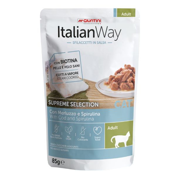 Image of ItalianWay Cat Sfilaccetti in salsa Supreme Selection 85 gr - Merluzzo e spirulina - Confezione da 28 pezzi - Cibo umido per gatti - SPEDIZIONE GRATIS 1° ORDINE + scegli lo sconto BZR5 / BZR20010