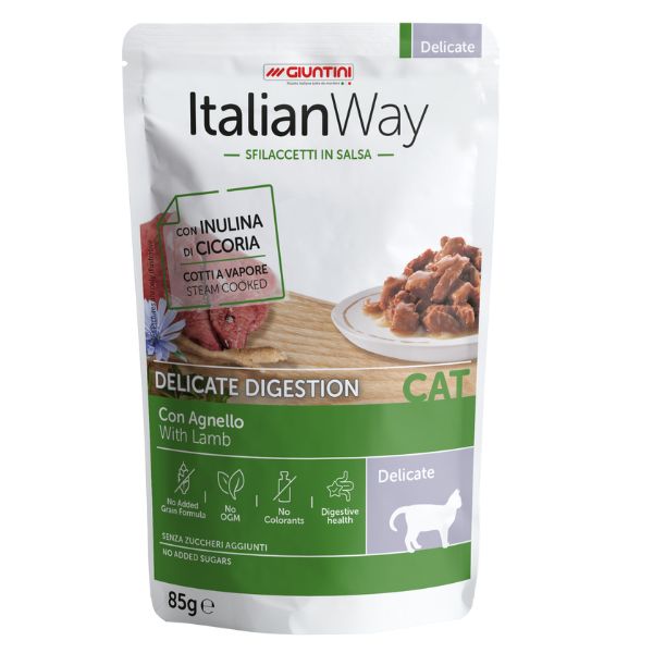 Image of ItalianWay Cat Sfilaccetti in salsa Delicate Digestion 85 gr - Agnello - Confezione da 28 pezzi - SPEDIZIONE GRATIS 1° ORDINE + scegli lo sconto BZR5 / BZR20010