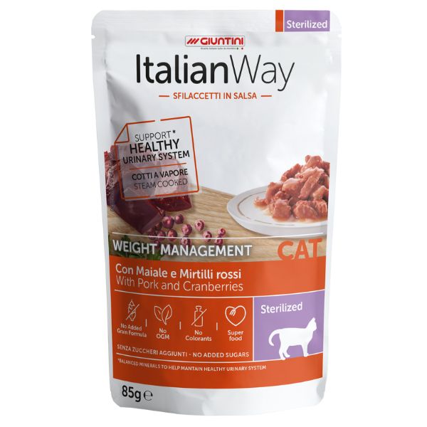 ItalianWay Cat Sfilaccetti in salsa Weight Management Sterilized 85 gr - Maiale e mirtilli Confezione da 28 pezzi