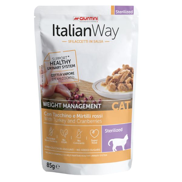 Image of ItalianWay Cat Sfilaccetti in salsa Weight Management Sterilized 85 gr - Tacchino e mirtilli - Confezione da 28 pezzi - SPEDIZIONE GRATIS 1° ORDINE + scegli lo sconto BZR5 / BZR20010