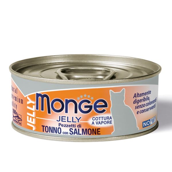 Monge Jelly Adult cottura al vapore 80 gr - Pezzetti di Tonno e Salmone Confezione da 24 pezzi