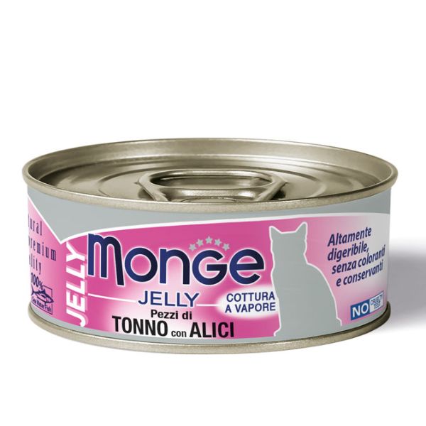 Image of Monge Jelly Adult cottura al vapore 80 gr - Pezzi di Tonno e Acciughine - Confezione da 24 pezzi - Cibo umido per gatti - SPEDIZIONE GRATIS 1° ORDINE + scegli lo sconto BZR5 / BZR20010