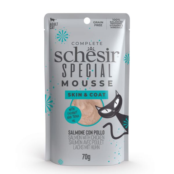 Schesir Special Cat Mousse Grain Free 70 g - Skin e Coat: salmone con pollo Confezione da 12 pezzi