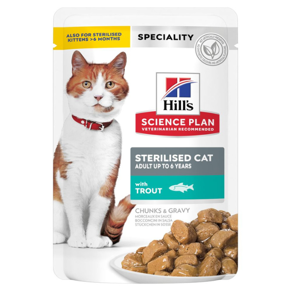 Image of Hill's Science Plan Adult up to 6 years Sterilised Cat 85 gr - con Trota - Confezione da 12 pezzi - SPEDIZIONE GRATIS 1° ORDINE + scegli lo sconto BZR5 / BZR20010