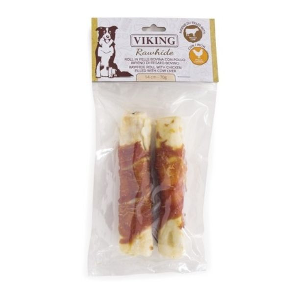 Viking Rawhide snack per cani bastoncini in pelle bovina - 2 pezzi 14 cm - con pollo e ripieno di fegato