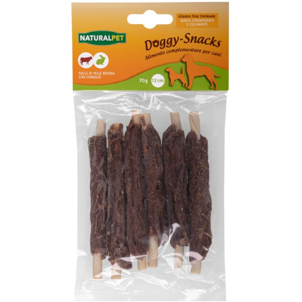 NaturalPet Doggy Snacks per cani Rolls di pelle bovina - con coniglio - 6 pezzi da 12 cm