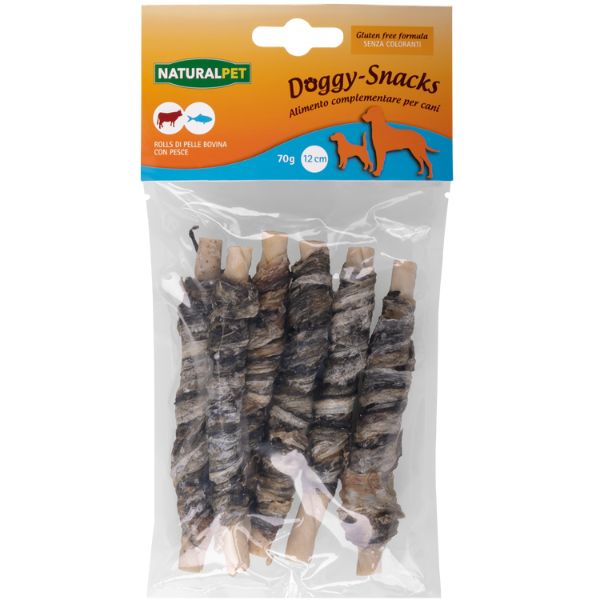 NaturalPet Doggy Snacks per cani Rolls di pelle bovina - con pesce - 6 pezzi da 12 cm