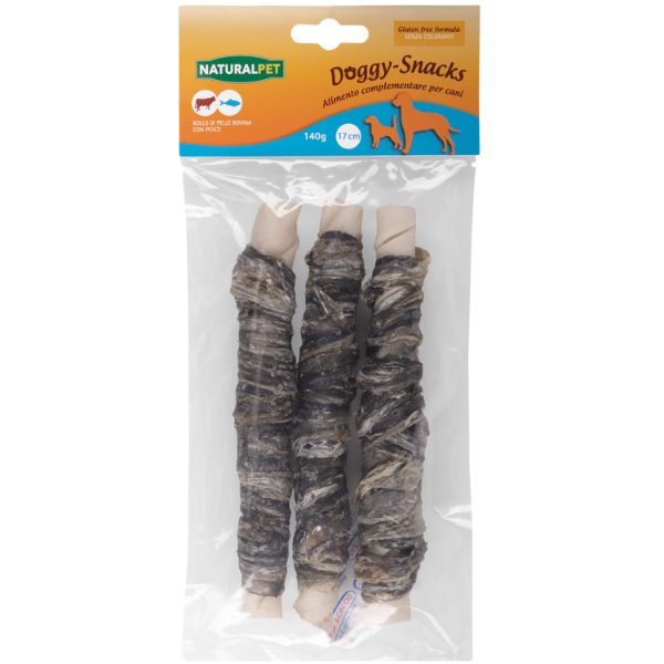 Image of NaturalPet Doggy Snacks per cani Rolls di pelle bovina - con pesce - 3 pezzi da 17 cm - SPEDIZIONE GRATIS 1° ORDINE + scegli lo sconto BZR5 / BZR20010