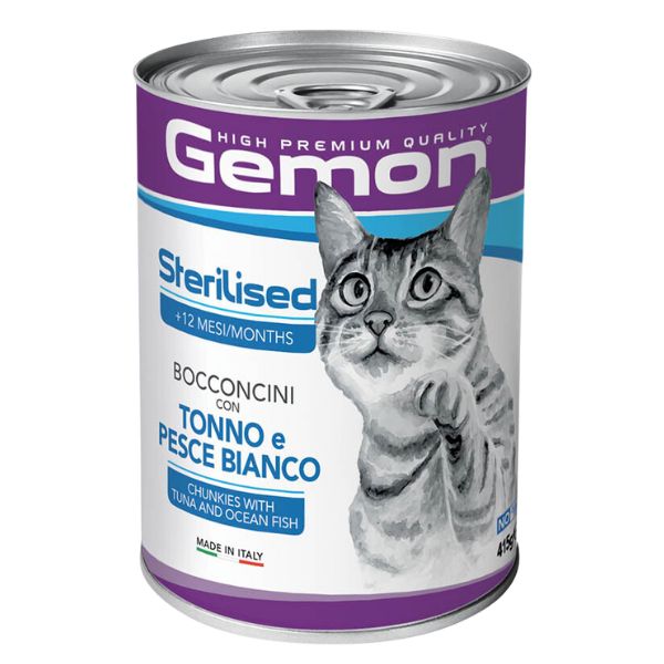 Monge Gemon Cat Sterilised Bocconcini 415 gr - con Tonno e Pesce Bianco Confezione da 24 pezzi - Cibo umido per gatti - SPEDIZIONE GRATIS 1° ORDINE + scegli lo sconto BZR5 / BZR20