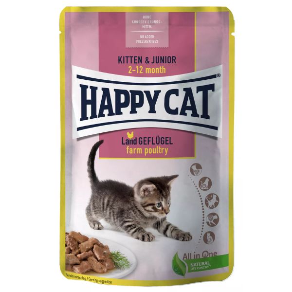 Happy Cat bocconi in salsa Kitten e Junior 85 gr - Pollo Confezione da 24 pezzi