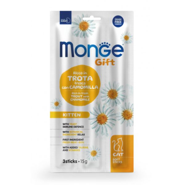 Monge Gift snack grain free per gattini - Trota con camomilla - stick da 15 gr - SPEDIZIONE GRATIS 1° ORDINE + scegli lo sconto BZR5 / BZR20