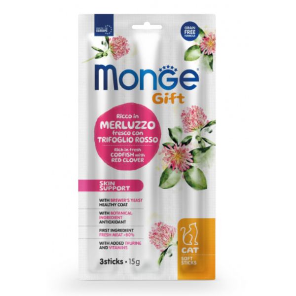 Monge Gift snack grain free per gatti Skin Support - Merluzzo con trifoglio rosso - sticks da 15 gr - SPEDIZIONE GRATIS 1° ORDINE + scegli lo sconto BZR5 / BZR20