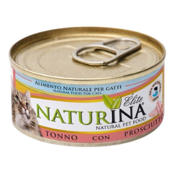 Naturina Elite Cat Adult All Breeds in acqua di cottura 70 gr - Tonno e prosciutto Confezione da 12 pezzi