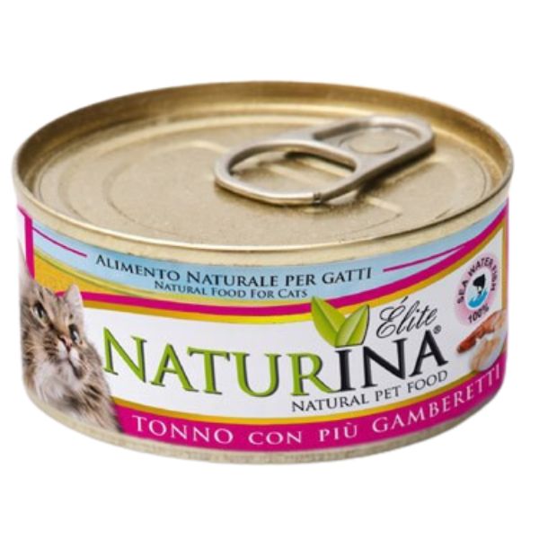 Naturina Elite Cat Adult All Breeds in acqua di cottura 70 gr - Tonno e gamberetti Confezione da 12 pezzi