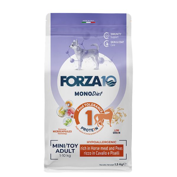 Forza10 MonoDiet Mini/Toy Adult Low Grain Hypoallergenic Cavallo e piselli - 1,5 Kg