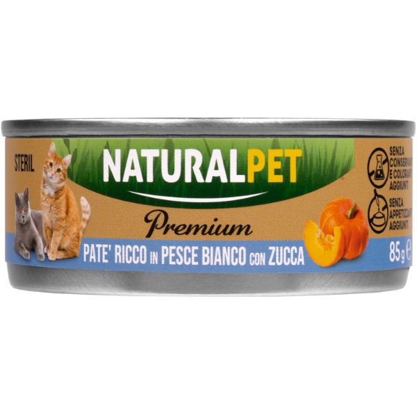 Image of NaturalPet Premium Cat Sterilised Patè 85 gr - Pesce bianco con zucca - Confezione da 6 pezzi - SPEDIZIONE GRATIS 1° ORDINE + scegli lo sconto BZR5 / BZR20010