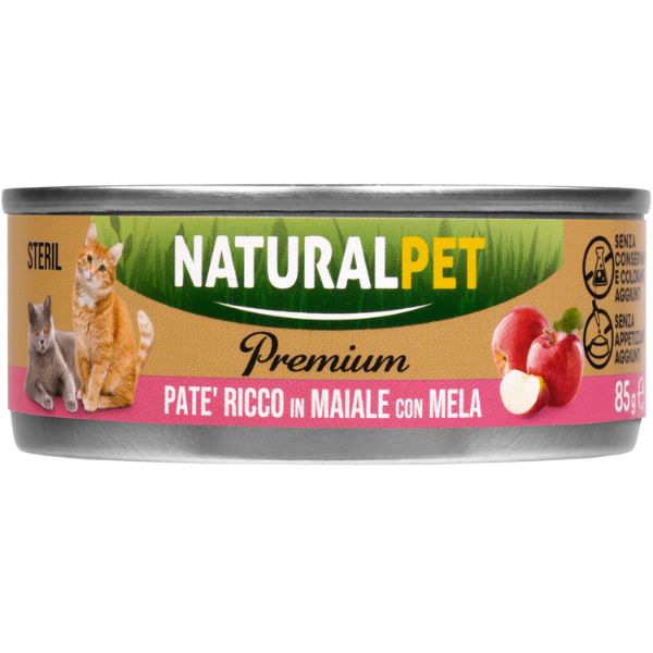 NaturalPet Premium Cat Sterilised Patè 85 gr - Maiale con mela Confezione da 6 pezzi