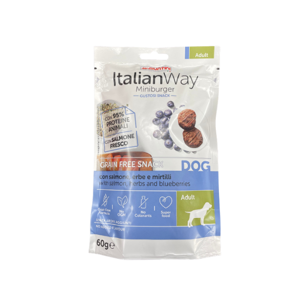 ItalianWay snack per cani Miniburger Grain Free 60 gr - Salmone, erbe e mirtilli