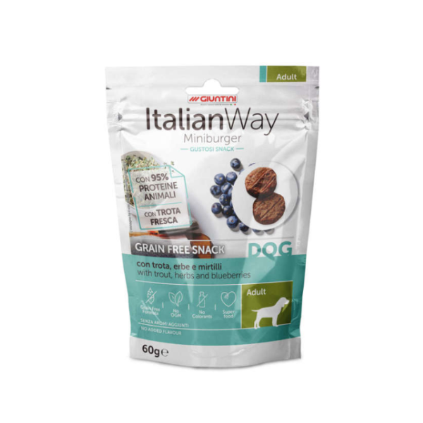 ItalianWay snack per cani Miniburger Grain Free 60 gr - Trota, erbe e mirtilli