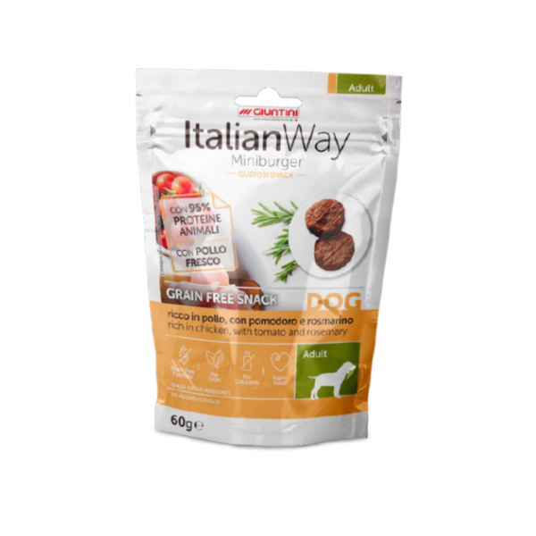 ItalianWay snack per cani Miniburger Grain Free 60 gr - Pollo con pomodoro