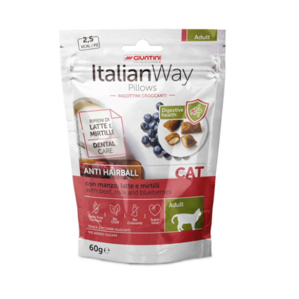 ItalianWay snack per gatti Pillows Grain Free 60 gr - Anti Hairball: Manzo, latte e mirtilli