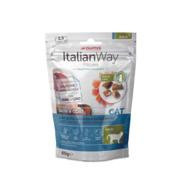 ItalianWay snack per gatti Pillows Grain Free 60 gr - Skin&Coat: pollo, salmone e barbabietola