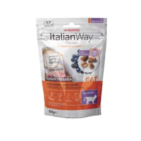 ItalianWay snack per gatti Pillows Grain Free 60 gr - Sterilized: maiale, latte e mirtilli