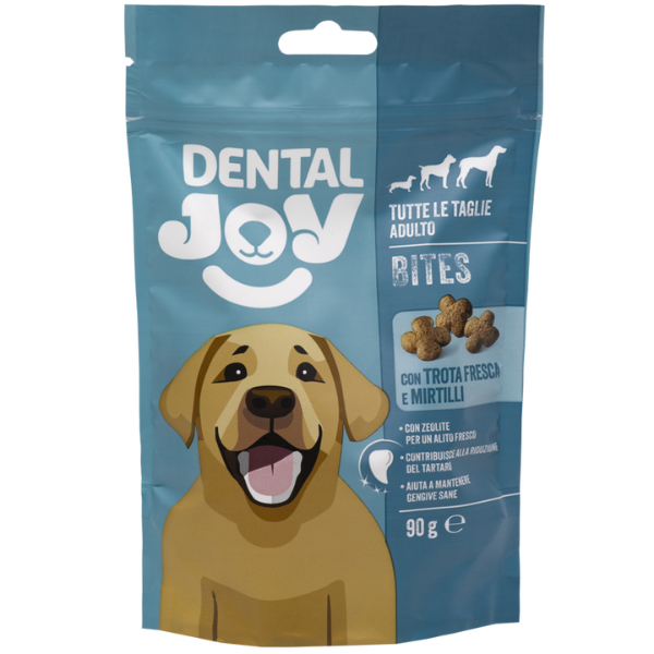 Image of Dentaljoy Dog Bites Adult All breeds Snack Dentali 90 gr - Trota e mirtilli - SPEDIZIONE GRATIS 1° ORDINE + scegli lo sconto BZR5 / BZR20010