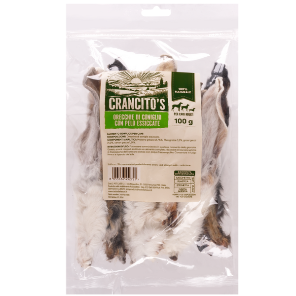 Image of Crancito's snack naturale Dog Adult Orecchie di Coniglio - Con pelo - 100 gr - SPEDIZIONE GRATIS 1° ORDINE + scegli lo sconto BZR5 / BZR20010