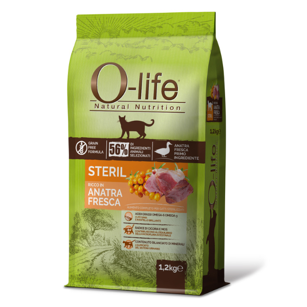 O-life Cat Adult Sterilised Grain Free Anatra fresca - 1,2 Kg