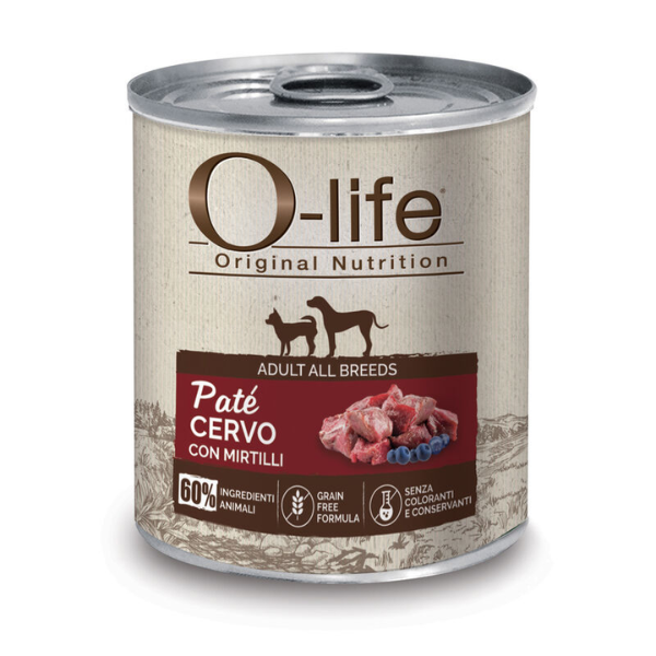 O-life Adult Grain Free Patè 400 gr - Cervo con mirtilli - Cibo Umido per Cani