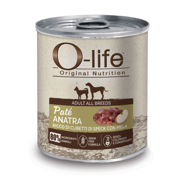 Image of O-life Adult Grain Free Patè 400 gr - Anatra con cubetti di speck e mela - Cibo Umido per Cani - SPEDIZIONE GRATIS 1° ORDINE + scegli lo sconto BZR5 / BZR20010