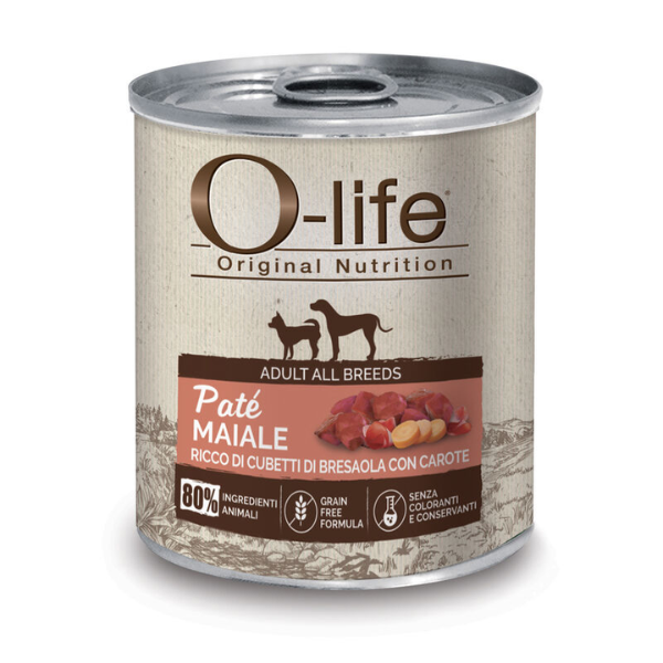 Image of O-life Adult Grain Free Patè 400 gr - Maiale con cubetti di bresaola e carote - Cibo Umido per Cani - SPEDIZIONE GRATIS 1° ORDINE + scegli lo sconto BZR5 / BZR20010