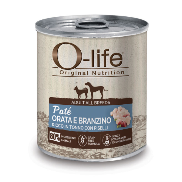 O-life Adult Grain Free Patè 400 gr - Orata e branzino con tonno e piselli - Cibo Umido per Cani - SPEDIZIONE GRATIS 1° ORDINE + scegli lo sconto BZR5 / BZR20