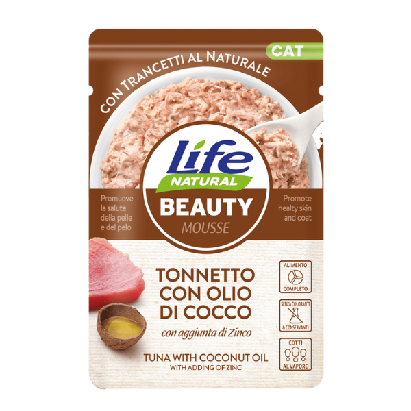 Life Cat Natural Beauty Bustine 70 gr - Tonnetto con olio di cocco - Cibo umido per gatti