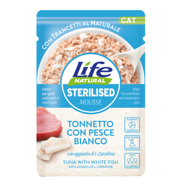 Life Cat Natural Sterilised Bustine 70 gr - Tonnetto con pesce bianco - Cibo umido per gatti