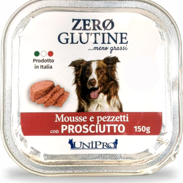 Unipro Zero glutine Mousse e pezzetti Dog Adult 150 gr - Prosciutto Confezione da 12 pezzi