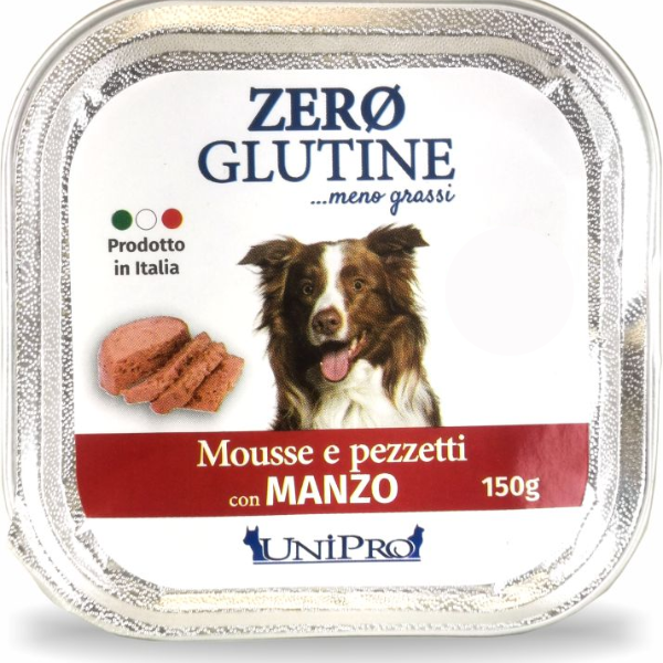 Unipro Zero glutine Mousse e pezzetti Dog Adult 150 gr - Manzo Confezione da 12 pezzi