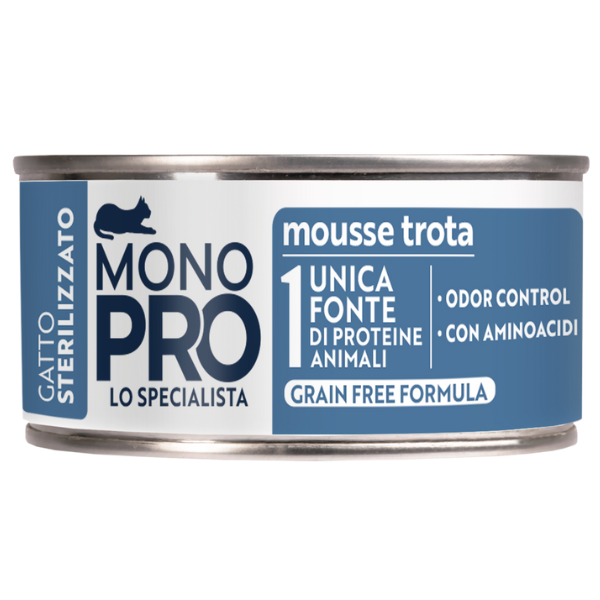 Image of Monopro lo specialista Cat Adult Sterilised Grain free Mousse 85 gr - Trota - Confezione da 6 pezzi - Cibo monoproteico gatto - SPEDIZIONE GRATIS 1° ORDINE + scegli lo sconto BZR5 / BZR20010