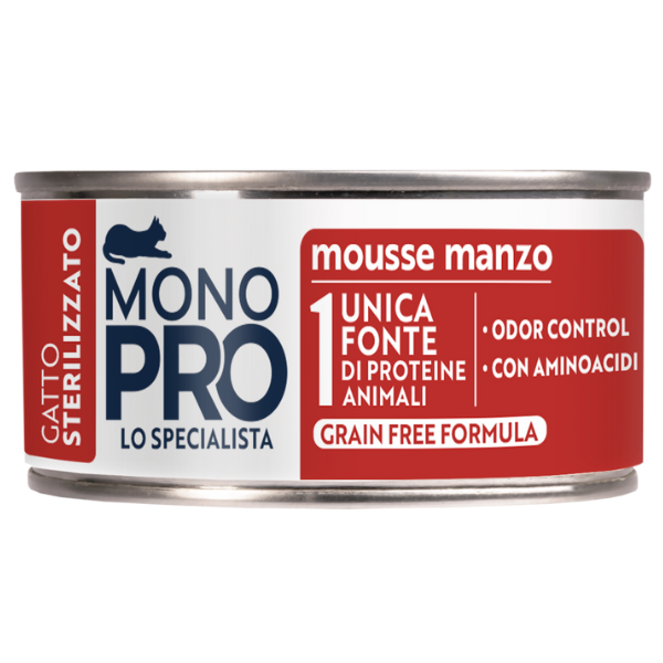 Image of Monopro lo specialista Cat Adult Sterilised Grain free Mousse 85 gr - 6 lattine da 85 gr - Confezione da 6 pezzi - Cibo monoproteico gatto - SPEDIZIONE GRATIS 1° ORDINE + scegli lo sconto BZR5 / BZR20010